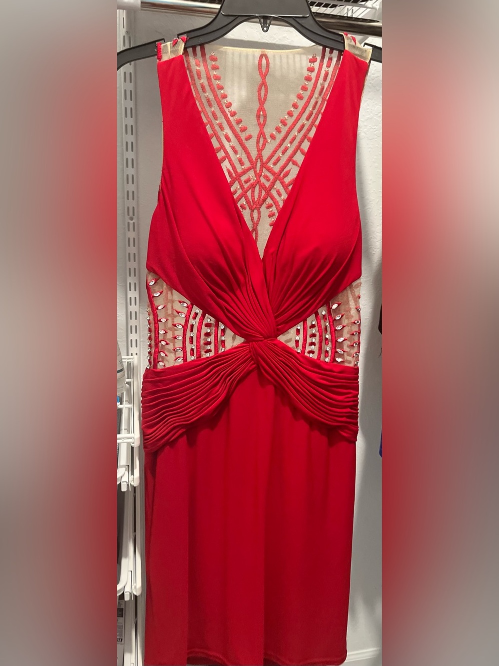 Jovani Red Twist-Front Evening Dress with Embellished Mesh Panels (Size 8)
